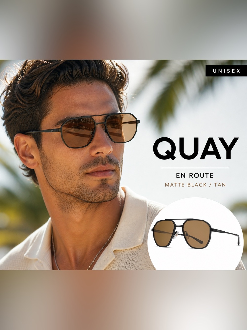 Quay EN ROUTE Aviator Sunglasses Matte Black Tan Lens NWT + Case
